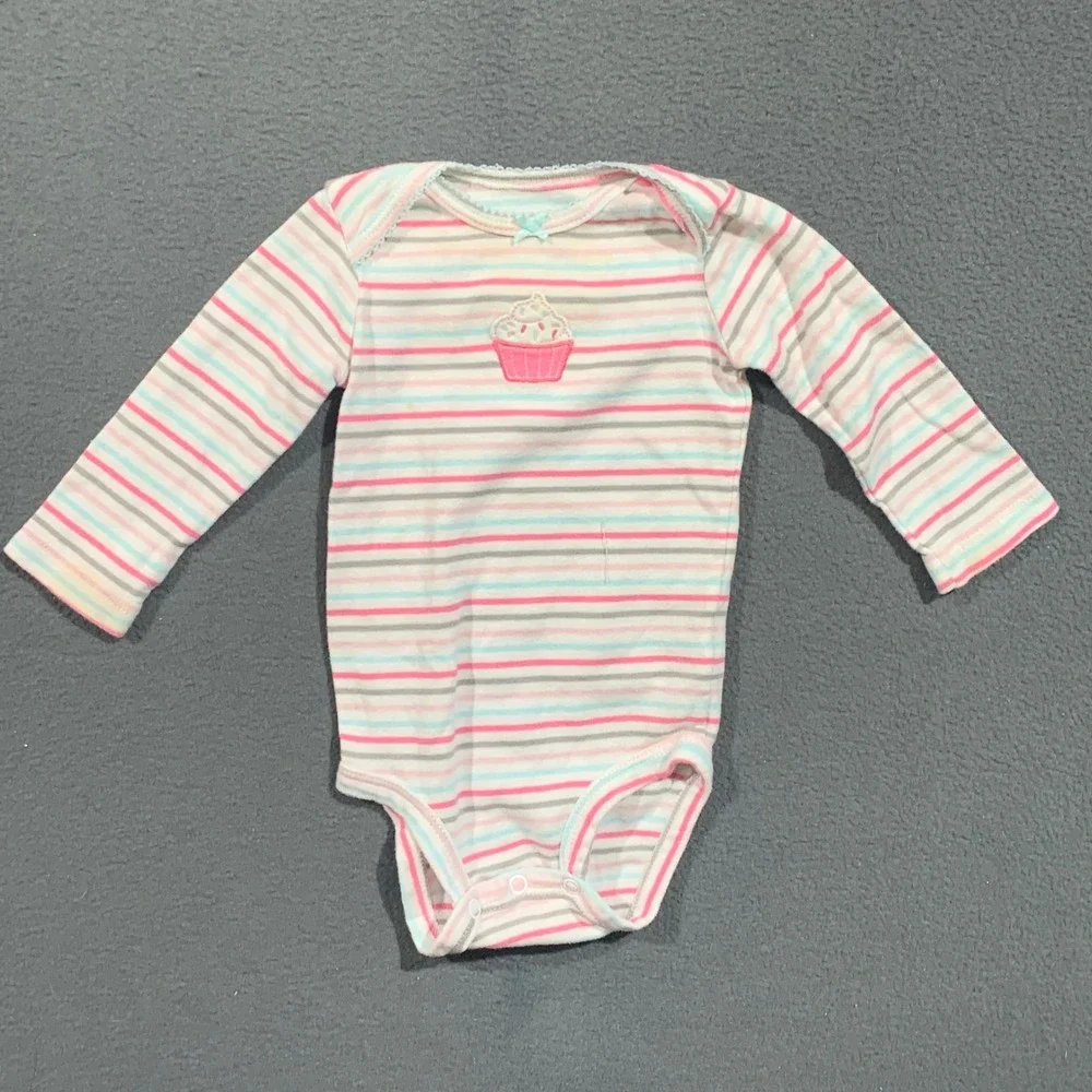 Carters Baby Girl 6 Months Bodysuit Lot‎ 3pk Navy Pink Striped Heart Cupcake